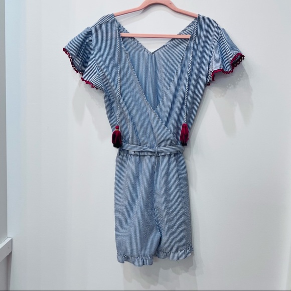 THML boutique Romper blue white pink tassel sz Medium - Picture 3 of 7